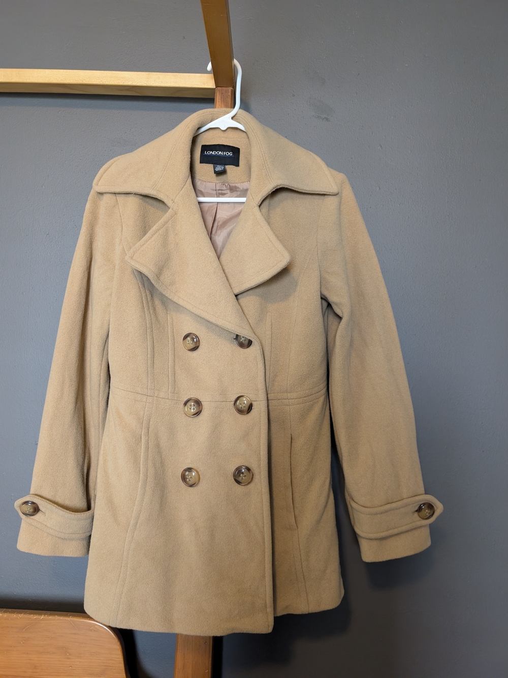 London Fog Camel Double-Breasted Wool Pea Coat